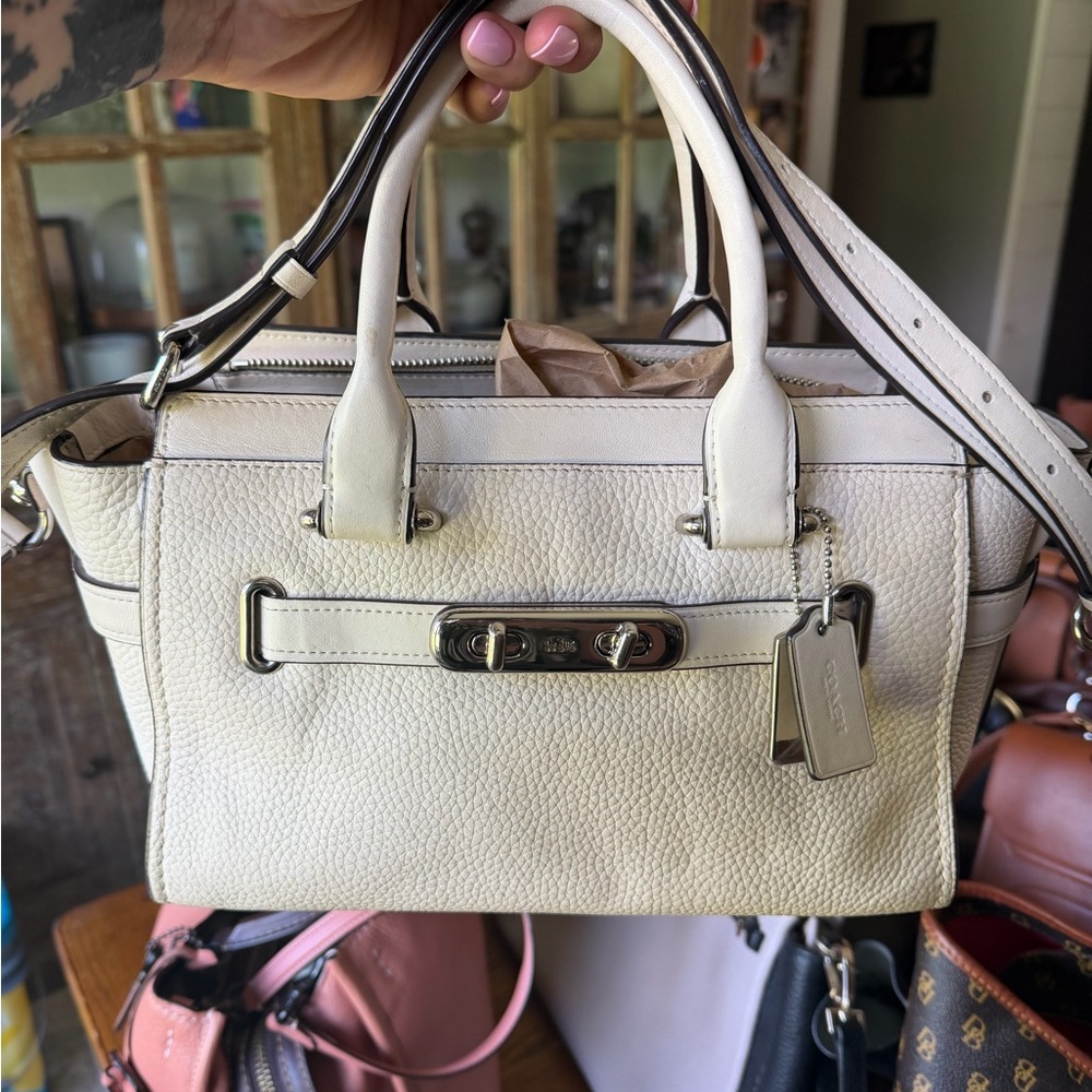 Coach Off-White Pebbled Leather Satchel with Silver Hardware